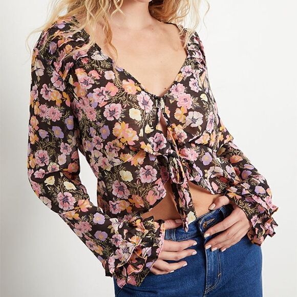 NWT Free People Maybel Top Sheer Floral Plunge V Neck Ruffled Cuff Bell Sleeves - Picture 2 of 11
